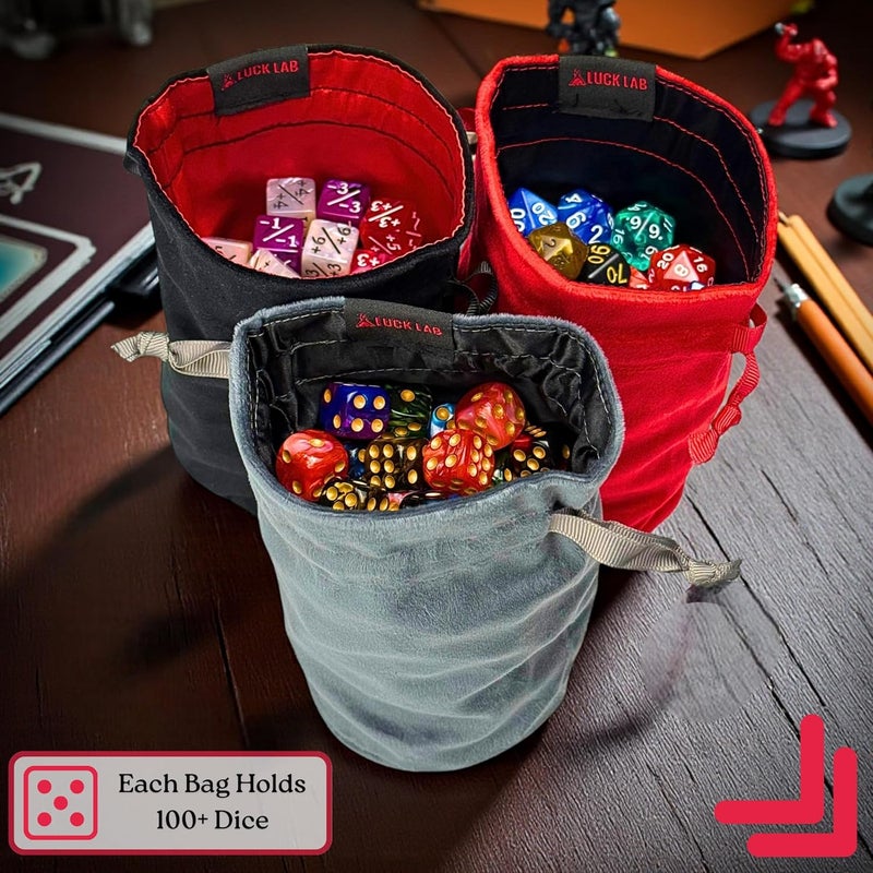 Luck Lab Velvet Drawstring Dice Bag - Set of Three Colors - Dungeons and Dragons Fabric/Standing Cotton Fabric Dice Bags/D&D Dice Pouch/Small Pouch/Velvet Jewelry Bag (Red, Black, Grey) - Image 2